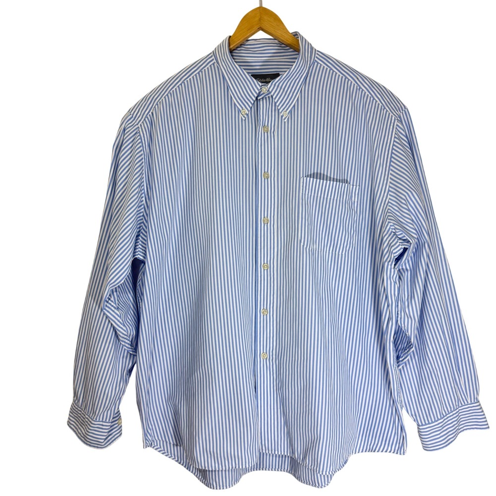 Eddie Bauer‎ Mens XXL Blue Striped Button Down Long Sleeve Dress Shirt